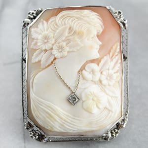 Antique Art Deco Cameo, Old Mine Cut Diamond Cameo, Gold Filigree Brooch, Estate Jewelry 3YYNNV