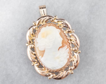 Vintage 14K Yellow Gold Shell Cameo Pendant, Estate Jewelry