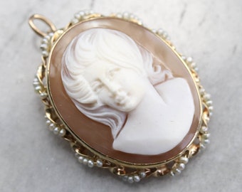 Mid Century 14K Gold Shell Cameo Pendant Brooch, Seed Pearl, 1960s