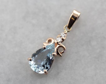 Aquamarine and Diamond Drop Pendant, Rose Gold Pendant, Layering Pendant N9Q8T1-C