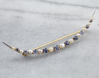 14K Yellow Gold Crescent Moon Brooch, Sapphire and Pearl Pin