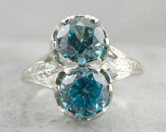 Incredible Art Deco, Double Blue Zircon Cocktail Ring in White Gold  T45MMD-R