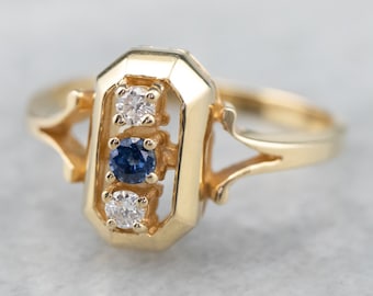 Three Stone Sapphire and Diamond Ring, Yellow Gold Sapphire Ring, Sapphire Birthstone Ring, Anniversary Ring, Gifts for Her 1DLPCH8C