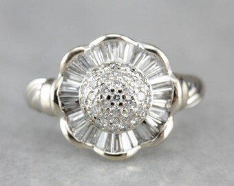 Vintage diamanten ballerinaring, 14 kt witgouden cocktailring met bloemen