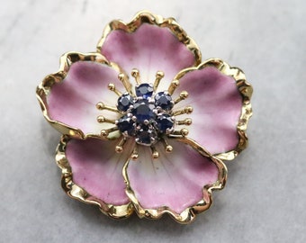 Sapphire Magnolia Blossom Pin, Pink Enamel Flower Pin, Gold and Sapphire Brooch, Statement Pin, Flower Jewelry, Anniversary Gift 3M8H4FVT