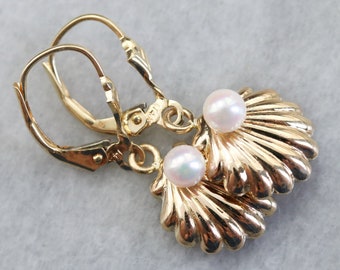 Gold Seashell Drop Earrings, Gold Pearl Drop Earrings, Nautical Jewelry, Beach Wedding, Birthday Gift, Anniversary Gift Y4472NFX