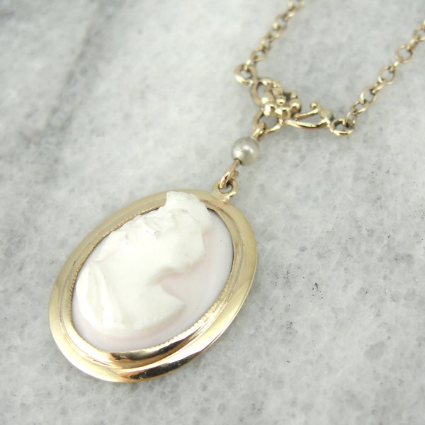 Antique Fine Gold and Pale Pink Shell Lavalier Necklace H56MZJ-N