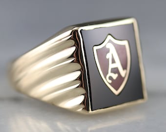 Onyx Enamel Initial Ring, 10K Yellow Gold Signet