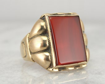 Retro Era Mens Ring with Bright Red Carnelian Gem Center