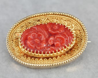 Antique Fine Gold Carved Coral Brooch, Vintage Floral Brooch, Estate Jewelry, Bridal Jewelry 1EYT6X-R