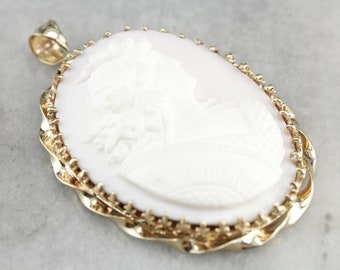 14K Yellow Gold Cameo Pendant, Shell Portrait, Vintage Statement
