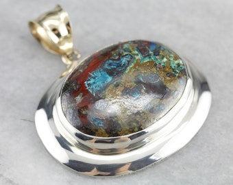 Azurite Cabochon Pendant, Sterling Silver & 10K Gold