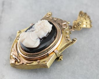 Victorian Mourning Locket, Antique Black Onyx Cameo, Etruscan Revival, Estate Jewelry 6HLFR0QK-R