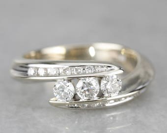 Three Diamond Bypass White Gold Wedding Band, Engagement Ring 6ECXDN