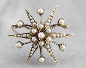 Antique Seed Pearl Starburst Brooch, Victorian Estate Jewelry UVVZCR-R