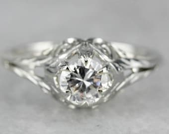 Belais Art Deco Diamond Ring, 18K White Gold Filigree Solitaire