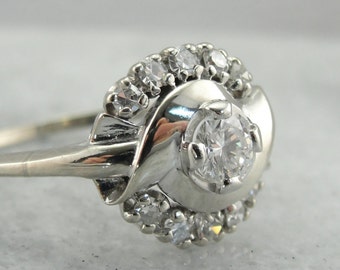 Retro Era Diamond Cocktail Ring From the 1950's, Polished White Gold Bypass and Semi Halo Ring  YXY6RF-N