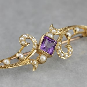 Art Nouveau Amethyst Brooch, Amethyst and Pearl, Antique Brooch, Estate Jewelry X543XL9K-R
