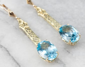 Blue Topaz Gold Filigree Bar Drop Earrings, Bridal Jewelry, Upcycled Vintage, December Birthstone, Anniversary Gift, Gift for Her, ECP50TQ2