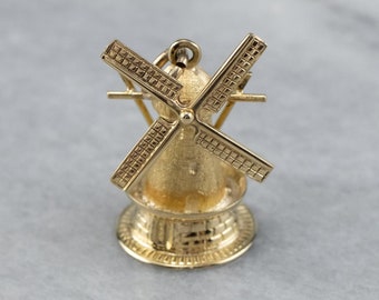 Vintage 14K Yellow Gold Moving Windmill Pendant, Holland Charm