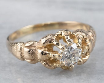 Unisex Diamond Belcher Ring, Antique Diamond Solitaire Ring, Unisex Engagement Ring, Yellow Gold Diamond Ring, Diamond Anniversary YU23EWLN