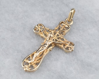 Colgante de crucifijo de filigrana de oro amarillo de 14 quilates, joyería religiosa