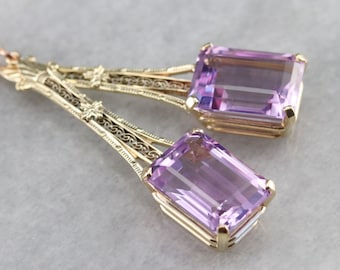 Florale filigrane 14K Gold Amethyst Hängeohrringe, Jugendstil