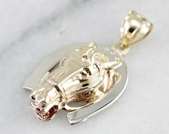 14K Gold Horse and Horseshoe Pendant, Equestrian Jewelry