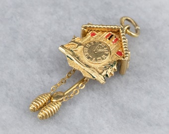 Bavarian Cuckoo Clock Gold Charm, 18K Gold Clock Charm, Clock Pendant, High End Charm, Charm Collector, Vintage Gold Charm HT3Y4DTK