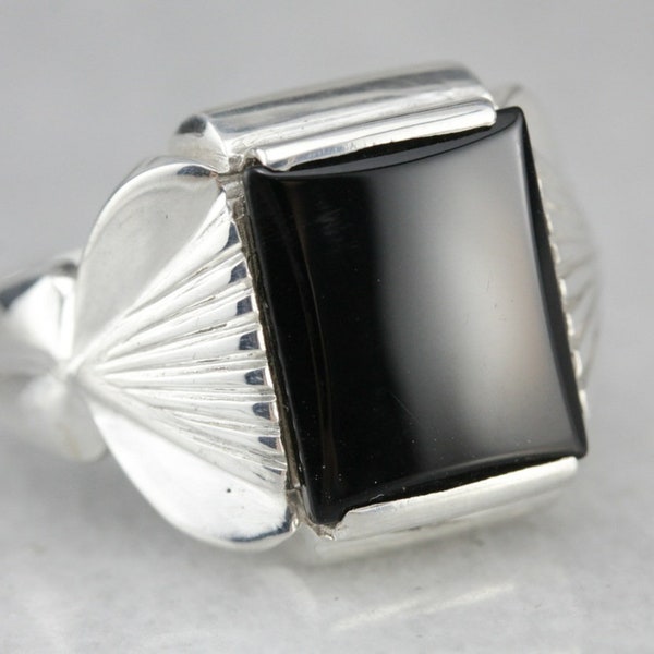 Black Onyx Statement Ring, Sterling Silver Ring, Unisex Black Onyx Ring, Cabochon Ring 42A6PAY8