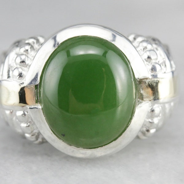 Jade Statement Ring, Mix Metal Ring, Silver and Gold, Cabochon Ring 21Q23QE5