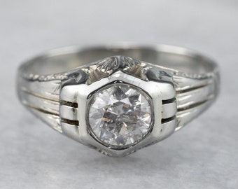 Anillo solitario Art Déco con diamante, oro blanco de 18k, unisex