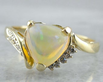 14K Yellow Gold Trillion Opal Ring with Diamond Accents, Size 11