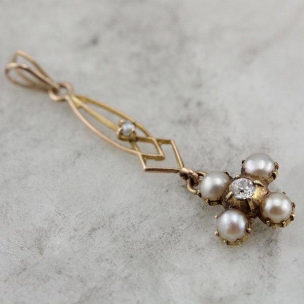 Romantische, antieke Seed Pearl en Diamond Lavalier hanger T2Q8VY-N