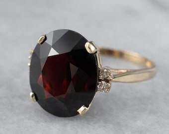 Vintage Oval Garnet Ring, 10K Yellow Gold, Diamond Accents
