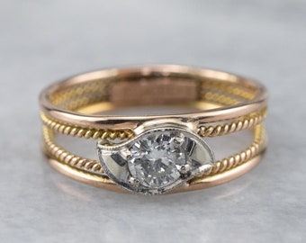 Retro Diamond Solitaire Ring, 14K Two Tone Gold
