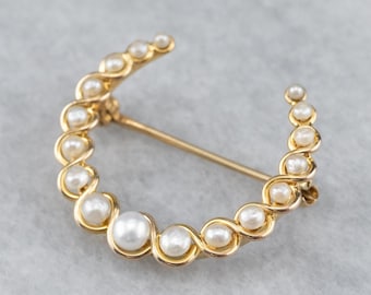 Spilla a forma di mezzaluna in oro giallo 14 carati con perle, spilla in stile Art Nouveau