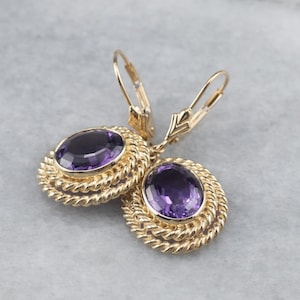 Twisting Gold Amethyst Earrings, Oval Amethyst Drop Earrings, Yellow Gold Amethyst Earrings, February Birthstone, Gemstone Earrings 661FUH70