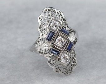 Anello Art Déco con diamanti, zaffiro sintetico, oro bianco 18 carati