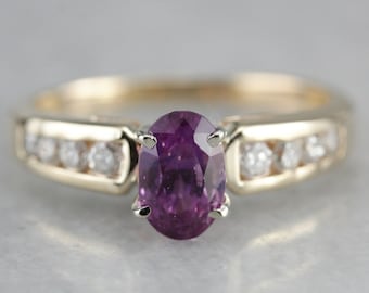 14K Yellow Gold Pink Sapphire and Diamond Ring, Anniversary Ring