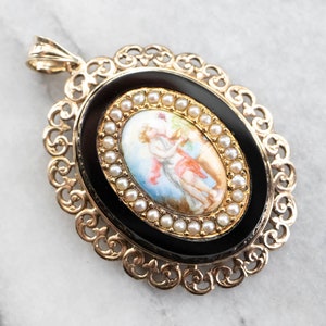 Geschilderde porseleinen parel gouden hanger, Victoriaanse Revival-hanger, zwarte onyx filigraanhanger, sierlijke portrethanger, 4QJV1VQ3
