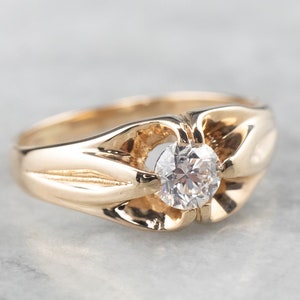 Unisex Diamond Belcher Ring, Antique Diamond Solitaire Ring, Unisex Engagement Ring, Yellow Gold Diamond Ring, Diamond Anniversary KXLY82A2