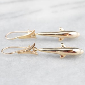 Gold Dolphin Drop Earrings, Yellow Gold Drop Earrings, Dolphin Love Earrings, Beach Wedding Jewelry, Animal Jewelry, Birthday Gift DT6NYA5F
