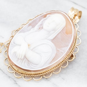 Antique 10K Gold Shell Cameo Pin Pendant, Art Nouveau Jewelry