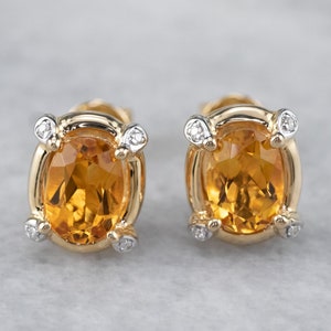 Citrine and Diamond Stud Earrings, Oval Citrine Stud Earrings, Yellow Gold Earrings, November Birthstone, Gemstone Stud Earrings JLNTVRXH image 1