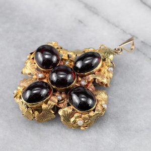 Garnet Cabochon and Seed Pearl Pendant, Oak Leaf Garnet Pendant, Statement Pendant, Garnet Jewelry, Estate Jewelry, Botanical Cross ND0YUAQ7
