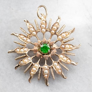 Antique Demantoid Garnet and Seed Pearl Brooch, Gold Starburst Brooch or Pendant, Art Nouveau Era Jewelry, Yellow Gold Garnet Pin U6MZM4Y5