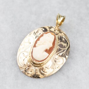14K Yellow Gold Shell Cameo Pendant, Mid Century Jewelry