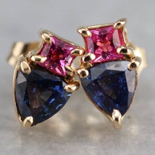 Pink and Blue Sapphire Stud Earrings, Yellow Gold Stud Earrings, September Birthstone, Anniversary Gift TRP7TMA1