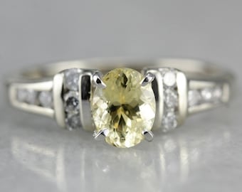 Anel de noivado em ouro branco 14K com safira amarela e diamantes, tamanho 6.